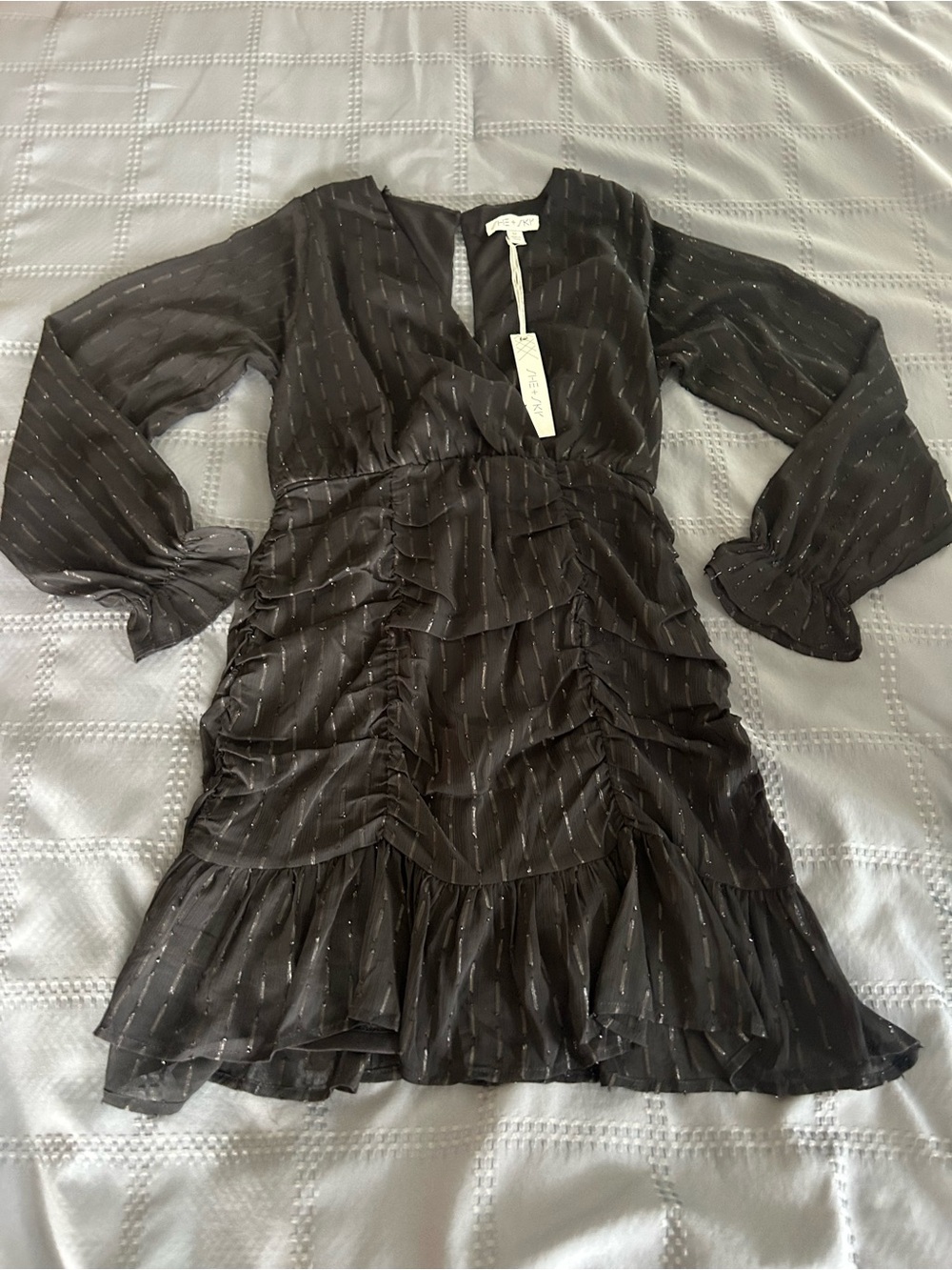 She + Sky Black Long-Sleeve Ruffle Mini Dress with Metallic Pinstripe